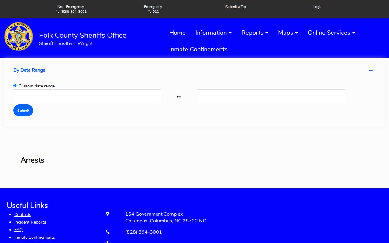 Polk County Citizen Connect Arrest Search date-range interface