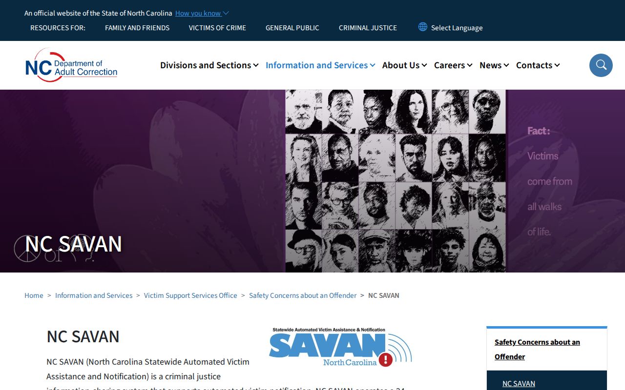 North Carolina SAVAN official victim notification information page